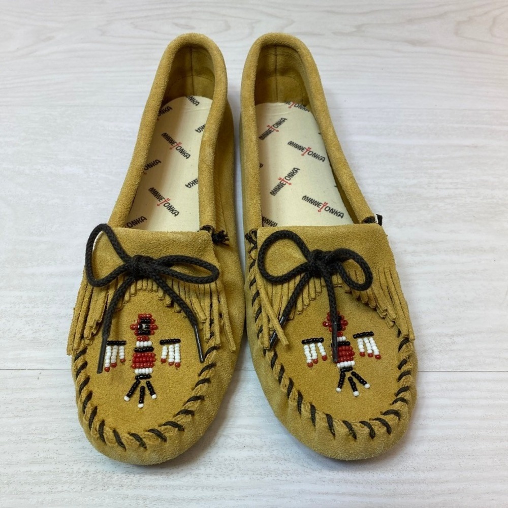 Minnetonka Womens 10 Thunderbird Softsole Moccasin Suede Tan Beaded Fringe 151